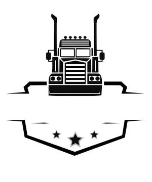 A black and white vector illustration depicts the front of a semi truck posit Stock Illustration