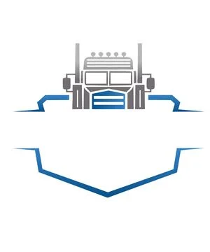 A black and white vector illustration shows the front of a semi truck positio Stock Illustration
