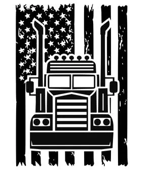 A black and white vector illustration shows the front of a semi truck superim Stock Illustration