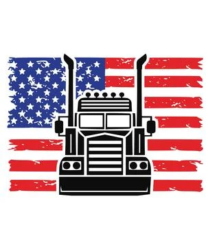 A black and white vector illustration shows the front of a semi truck superim Stock Illustration