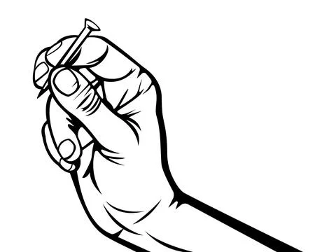 Black and white vector illustration of a human hand holding a metal nail, f.. Stock Illustration