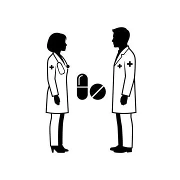 Black and white vector illustration of two doctors with stethoscopes and me.. Stock Illustration