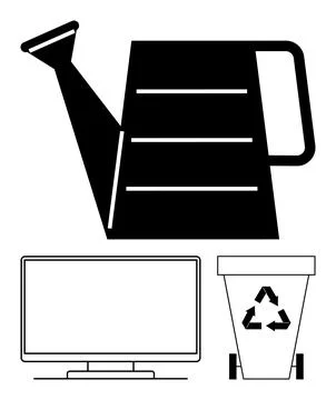 Black and white vector image of a watering can, a garbage bin with recycle .. Illustrazione stock