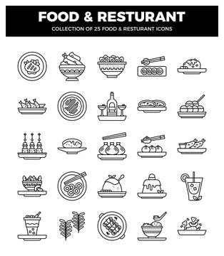 Black and white vector line art icons of various Asian and Western food dis.. Stock Illustration