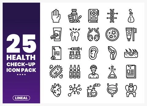 Black and white vector line icons of medical and health-related symbols pre.. Stock Illustration