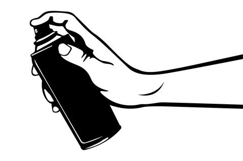 Black and white vector line art depicting a hand holding an aerosol spray c.. Stock Illustration
