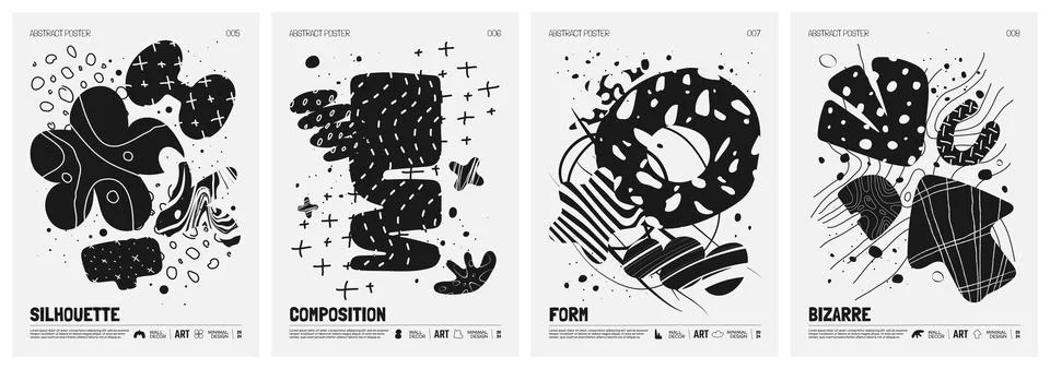 Black and White vector minimalistic Posters with bizarre abstract geometric.. Stock Illustration