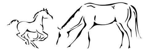 Black and white vector outlines of galloping foal and mare Stock Illustration