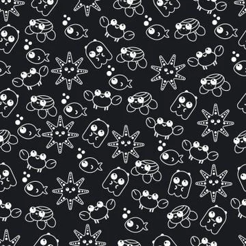 Black and white vector seamless pattern cute marine Doodle Stock Illustration