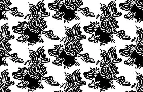 Black and white vector seamless pattern with doodle goldfish and wavy fins. Stock Illustration