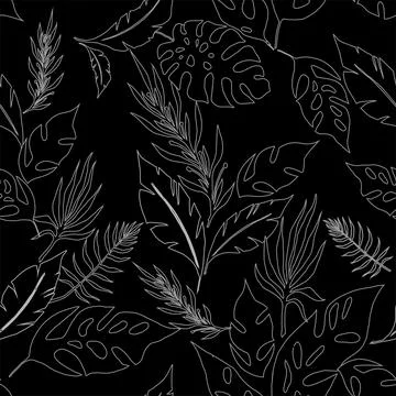 Black and white vector seamless pattern of exotic leaves, repeating, wallpape Stock Illustration