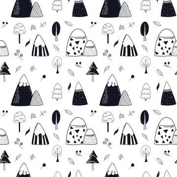 Black and white vector seamless pattern with doodle styled mountains, trees, Stock Illustration