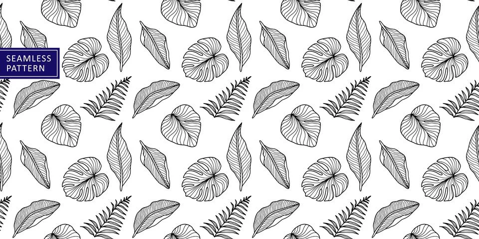 Black and white vector seamless pattern with monstera leaves Stock Illustration