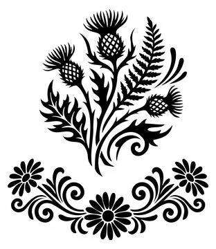 Black and white vector set featuring a bouquet of thistles and a daisy floral Stock Illustration