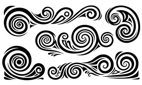 Black and white vector set of stylized water waves and swirls. Perfect for su Stock Illustration