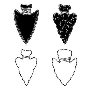 A black and white vector set of primitive stone arrowheads and traditional .. Stock Illustration