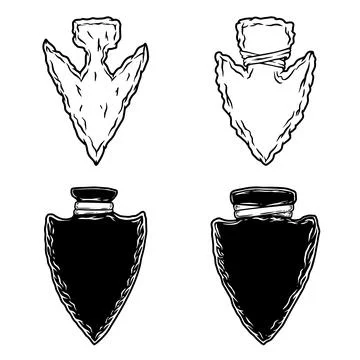 A black and white vector set of primitive stone arrowheads and traditional .. Stock Illustration