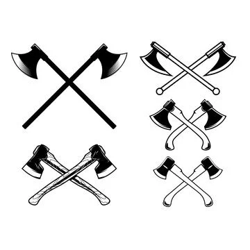 A black and white vector set of crossed axes. This high-contrast collection.. Stock Illustration