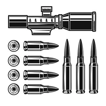 A black and white vector set featuring a telescopic rifle scope, various hi.. 스톡 일러스트