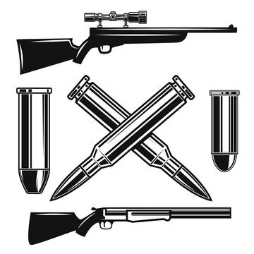 A black and white vector set featuring two crossed bullets, a scoped rifle,.. Stock Illustration