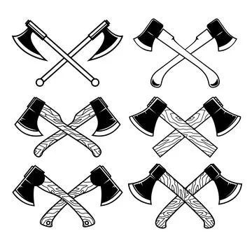 A black and white vector set of crossed axes. This high-contrast collection.. Illustration