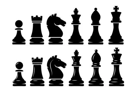 A black and white vector set of chess pieces including king, queen, bishop,.. Illustrazione stock