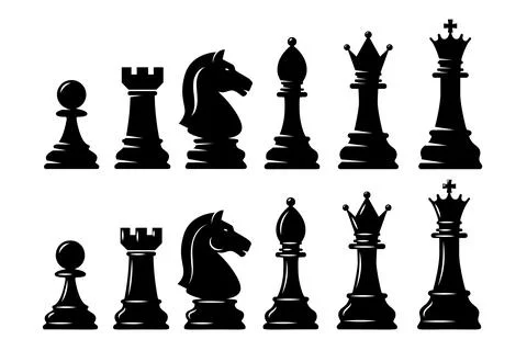 A black and white vector set of chess pieces including king, queen, bishop,.. Illustrazione stock