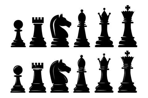 A black and white vector set of chess pieces including king, queen, bishop,.. Illustrazione stock
