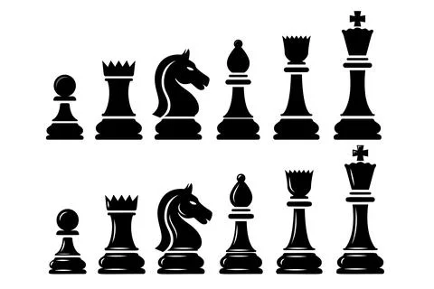 A black and white vector set of chess pieces including king, queen, bishop,.. Illustrazione stock