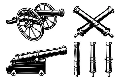 A black and white vector set featuring a field cannon on wheels, a fortress.. Stock Illustration
