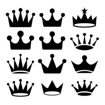 A black and white vector set of crown icons. This collection features vario.. Ilustración de archivo