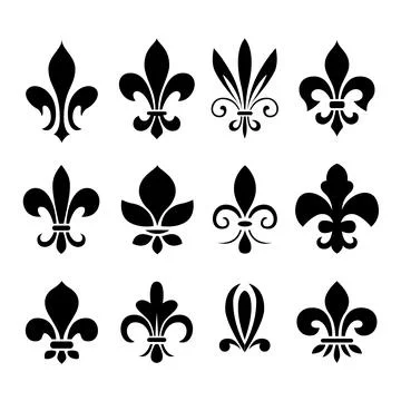 A black and white vector set of twelve fleur-de-lis icons. This collection .. Stock Illustration
