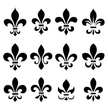 A black and white vector set of twelve fleur-de-lis icons. This collection .. Stock Illustration