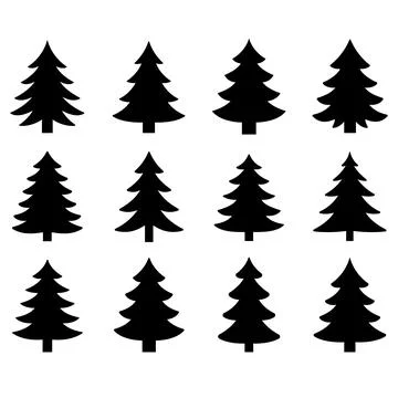 A black and white vector set of pine tree icons. This collection features v.. Stock Illustration