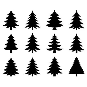 A black and white vector set of pine tree icons. This collection features v.. Stock Illustration