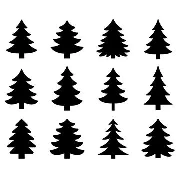 A black and white vector set of pine tree icons. This collection features v.. Stock Illustration
