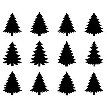 A black and white vector set of pine tree icons. This collection features v.. Stock Illustration