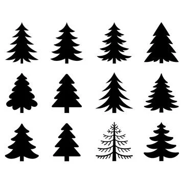A black and white vector set of pine tree icons. This collection features v.. Stock Illustration