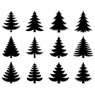 A black and white vector set of pine tree icons. This collection features v.. Stock-Illustration