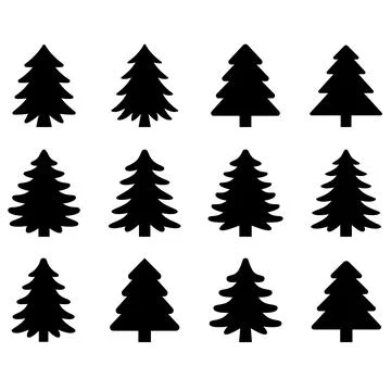 A black and white vector set of pine tree icons. This collection features v.. Stock-Illustration