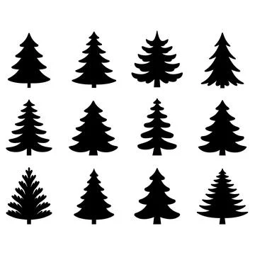 A black and white vector set of pine tree icons. This collection features v.. Stock Illustration