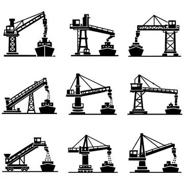 Black and White Vector Set of Port Cranes Loading Cargo onto Ships at a Har.. Иллюстрация