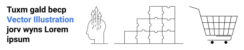 Black and white vector shows a head with arrows, stacked boxes, and a shoppin Stock Illustration