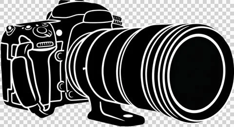 A black and white vector silhouette of a professional DSLR camera equipped 스톡 일러스트