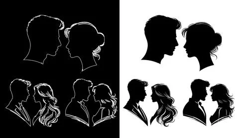Black and white vector silhouettes of couples facing each other showing Stock Illustration