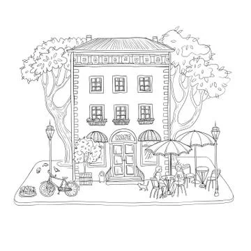 Black and white vector sketch illustration. City cafe in a vintage building, Stock Illustration
