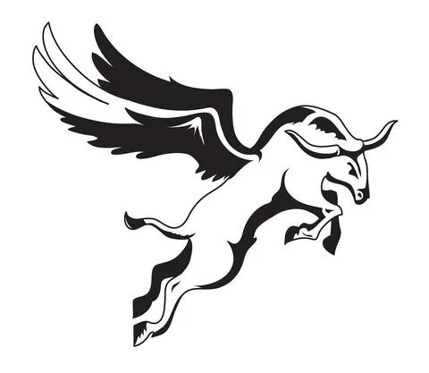 Black and white vector winged bull is flying Stock Illustration