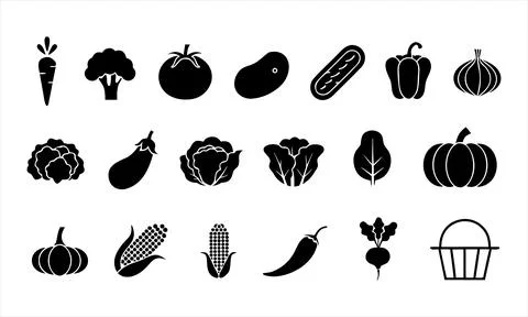 Black and white vegetable set with carrot, broccoli, and corn symbols Stock Illustration