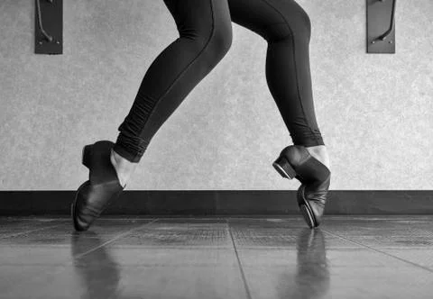 Black and white version of Tap shoe Toe Stand in Tap Class Stock Photos