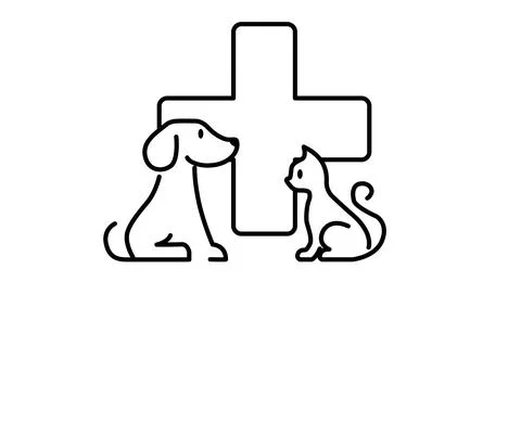 Black and White Vet Icon with a Dog, a Cat and a Cross Stock Illustration